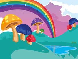 schöne märchenlandschaft mit pilz und regenbogen vektor