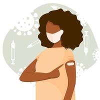 vaccinerad mörkhyad kvinna som visar på armen. begreppet vaccination, hälsa, spridningen av vaccinet, sjukvård, samtal om kampen mot coronavirus. färgglada vektorillustration i platt stil. vektor