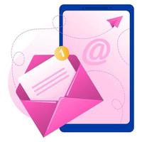 Rosa Umschlag mit Dokument mit E-Mail-Symbol auf dem Hintergrund des Telefons. Konzept des Nachrichtenempfangs, E-Mail-Abonnements, E-Mail-Anwendung am Telefon. vektorillustration im flachen stil. vektor