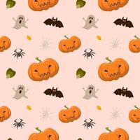 halloween nahtloses muster mit kürbissen, fledermaus, geist, spinne, spinnennetz. Vektorhintergrund im flachen Stil.