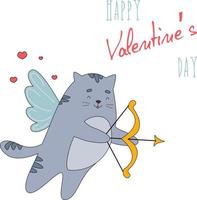 söt busig cupid katt. begreppet alla hjärtans dag. vektor gratulationskort med bokstäver.