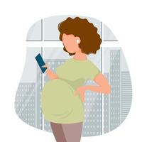 gravid kvinna i byxor och t-shirt lyssnar på musik med hörlurar håller en telefon i handen mot bakgrund av stadens metropol. platt stil. vektor illustration.