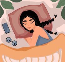 kvinnan sover i sängen. hälsosam sömn koncept. vektor platt tecknad trendiga illustration.
