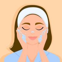 Schönheitsmädchen wäscht ihr Gesicht mit Seife. Vektor-Illustration. vektor