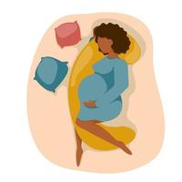 gravid kvinna med stor mage sover på graviditetskudde. framtida mamma hälsosam sömn koncept. platt design. vektor illustration.