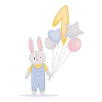 vektorillustration med söt liten hare, ballonger, siffra ett. födelsedagsbarn gratulationskort, banderoll eller affisch. vektor