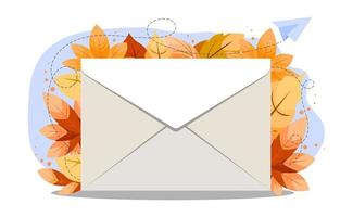 geschlossener weißer Umschlag mit leuchtend buntem Herbstlaub im Hintergrund. das Konzept des Sendens einer Nachricht. einen Brief senden oder empfangen, Post.