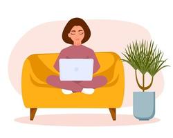 Frau mit Laptop auf Sofa sitzend. freiberufliches Coworking-Konzept. gemütliche Vektorgrafiken im flachen Stil. vektor