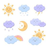 Reihe von niedlichen Wettersymbolen für Kinder. Sonne, Mond und Sterne, Wolken, Regen, Schnee, Regenbögen, Blitze. Vektorsymbole für Babyparty, Grußkarten, Babykleidung, Training. vektor