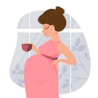süße cartoon schwangere frau im kleid hält eine tasse tee oder kaffee in der hand vor dem hintergrund von pflanzen. Hintergrund des Fensters. Vektor-Illustration. vektor