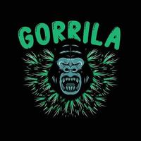illustration av gorillahuvud med grönt marijuanablad och bokstäver för logotyp och t-shirt vektor