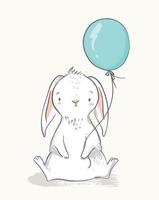 söt kanin som håller en ballong. barnslig illustration. barnkammare väggkonst, barn fest inbjudan, födelsedag gratulationskort, baby shower, affisch. vektor