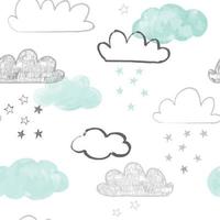 Gekritzelwolkenmuster. hand gezeichneter nahtloser hintergrund des vektors mit wolken und sternen in grau und blaugrün. Druck im skandinavischen Stil. vektor