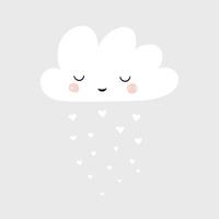 tecknad vektorillustration med söta sovande moln och regn av hjärtan. barnkammare i skandinavisk stil. alla hjärtans dag kort. vektor