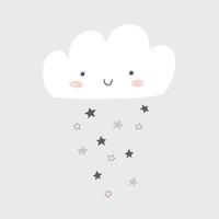 niedliche wolkenvektorkarikaturillustration mit lächelnder glücklicher wolke und regen von sternen. Kinderzimmerkunst im skandinavischen Stil. vektor