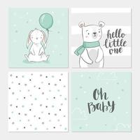 Satz niedlicher Babypartykarten, darunter Häschen, Bären, Ballons, Wolken, Sterne und moderne Kalligrafie-Phrasen, hallo, Kleiner und oh, Baby. Vektorgrafiken für Einladungen, Grußkarten, Poster vektor