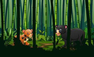tecknad en björn och unge i bambuskog vektor