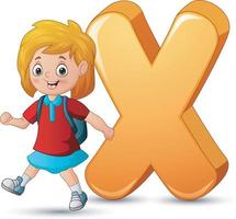 illustration av alfabetet x med en skolflicka som går vektor