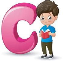 Illustration eines Jungen, der neben dem Buchstaben c ein Buch liest vektor