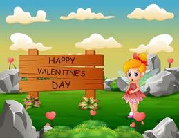 Happy Valentines Day Holzschild mit kleinem Engel in der Natur vektor