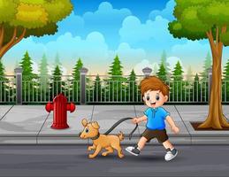 Illustration eines Jungen mit einem Hund, der die Straße entlang geht vektor