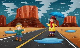 regnperiod med två tjejer som leker i regnet vektor