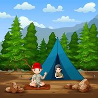 glücklicher Pfadfinderjunge und -mädchen in der Campingplatzillustration