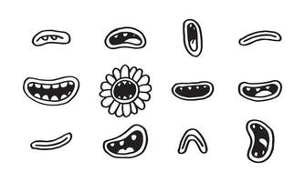 samling av söta monster mun. handritade tecknade munnar med tänder, på vit bakgrund. vektor illustration för karaktär design