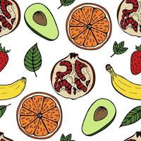 handgezeichnetes fruchtnahtloses muster mit verschiedenen früchten wie granatapfel, banane, orange, avocado, erdbeere. vektorillustration, auf weißem hintergrund für stoff-, textil-, papierdesign vektor