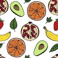 handritad frukt seamless mönster med olika frukter såsom granatäpple, banan, apelsin, avokado, jordgubbe. vektor illustration, på vit bakgrund för tyg, textil, papper design