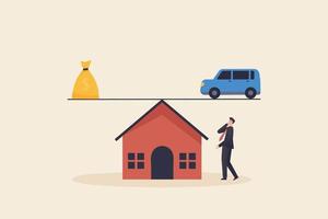 affärsman funderar på att låna hus och bil. finansiell och affärsrisk, banklåne- och skuldrisk, stabilitet eller ekonomisk balans. vektor