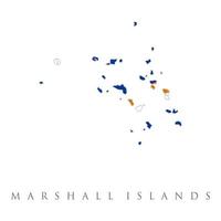 Karte der Marshallinseln mit Flagge isoliert auf weißem Hintergrund. ein blaues Feld mit zwei diagonalen Streifen in Orange und Weiß und dem großen weißen Stern. mit Namenstext Republik der Marshallinseln. vektor