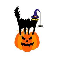 süße schwarze katze in einem hexenhut, der auf einem halloween-kürbis sitzt vektor