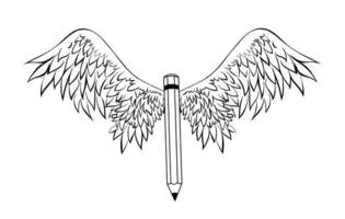 Bleistift mit Flügelvektorillustration. vorlage für logos, etiketten und embleme im umrissstil