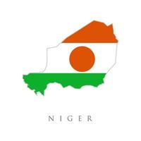 Karte von Niger auf blauem Hintergrund, Flagge von Niger darauf. vektorisoliertes vereinfachtes illustrationssymbol mit silhouette der niger-karte. Nationalflagge. weißer Hintergrund vektor