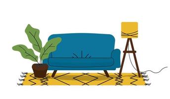 Sofa mit Lampe, Teppich und Heimpflanze. Inneneinrichtung. lokalisiert auf weißer Karikatur flache Art-Vektorillustration. vektor