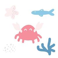 Krabben, Seesterne, Korallen, Fische. Abbildung des Meereslebens. süße Zeichentrickfigur. farbenfrohes Kinderzimmer für Kinder nautisches Designelement vektor