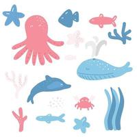 sea life set clipart. krabba, sjöstjärnor, koraller, fiskar, val, bläckfisk, delfin. havet liv illustration. söt seriefigur. färgglada barnkammare nautiska marina designelement vektor