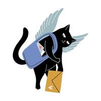 ängel cupid svart katt brevbärare med kärleksbrev vektor