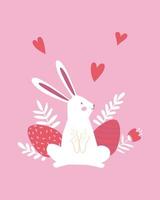 Frohe Ostern Poster, Druck, Grußkarte oder Banner mit Eiern, weißen Hasen oder Kaninchen, Frühlingsblumen, Pflanzen und Herzen auf rosa Hintergrund. vektor handgezeichnete illustration.