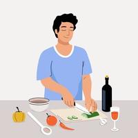 Vektor junger Mann kocht in der Küche. karikaturjunge, der zu hause gemüse für salat schneidet. Gekritzelcharakterillustration