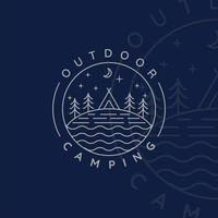 Camping Logo Strichzeichnungen einfache minimalistische Vektor Illustration Vorlage Icon Design. Abenteuer- und Wanderlust-Symbol für Aktivitäten im Outdoor-Nachtlager mit Abzeichen-Konzept