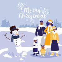 Familie und Schneemann in Winterlandschaft vektor