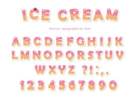Eiscreme-Schriftart mit niedlichen Oblatenbuchstaben und -zahlen vektor