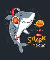 süßer Cartoon-Hai, der Musik über den Kopfhörer genießt. Vektor-Clipart-Illustration vektor