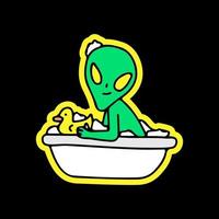 Alien auf Badewanne, Illustration für T-Shirt, Aufkleber oder Bekleidungswaren. mit Doodle-, Retro- und Cartoon-Stil. vektor