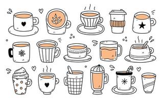 satz verschiedener süßer tassen mit kaffee - americano, cappuccino, mokka, kaffee zum mitnehmen. handgezeichnete Vektorgrafik im Doodle-Stil. Perfekt für Karten, Menüs, Logos, Dekorationen, verschiedene Designs. vektor