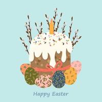 påsk tårta, ägg och pilkvistar med ljus platt tecknad vektorillustration. glad påsk gratulationskort. vektor