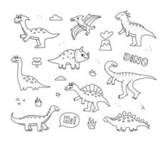süße dinosaurier, tropische pflanzen und schriftzüge. süße handgezeichnete doodle dino-sammlung. vektorillustration für kinder. vektor