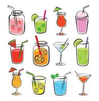 Sommermenü mit tropischen Getränken. kalte getränke mit handgezeichneter illustration. Fruchtsmoothie, Cocktails, alkoholische Getränke. vektor